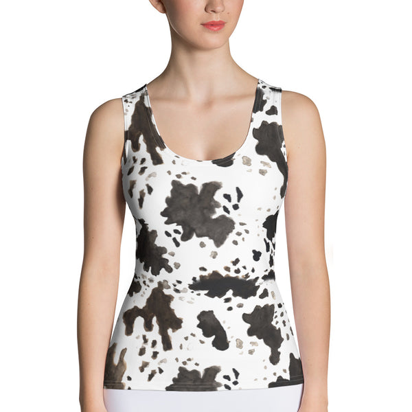 Cow Print Comfy Stretchy Soft Crew Neck Fitted Women's Tank Top, Made in USA-Tank Top-XS-Heidi Kimura Art LLC
