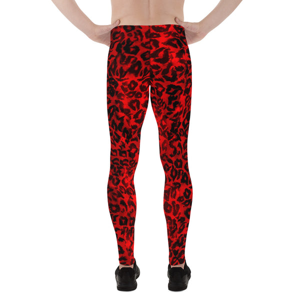 Red Leopard Animal Print Meggings, Premium Quality Men's Leggings- Made in USA/ EU-Men's Leggings-Heidi Kimura Art LLC
