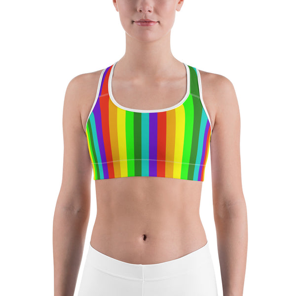 Colorful Bright Rainbow Stripe Print Women's Workout Fitness Bra - Made in USA/EU (XS-2XL)-Sports Bras-White-XS-Heidi Kimura Art LLC