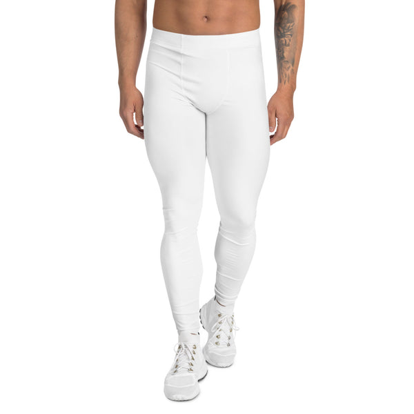 White Solid Color Men's Leggings, Premium Modern Minimalist Meggings-Made in USA/EU-Heidi Kimura Art LLC-XS-Heidi Kimura Art LLC White Solid Color Meggings, Modern Minimalist Solid Color Print Premium Classic Elastic Comfy Men's Leggings Fitted Tights Pants - Made in USA/EU (US Size: XS-3XL) Spandex Meggings Men's Workout Gym Tights Leggings, Compression Tights, Kinky Fetish Men Pants