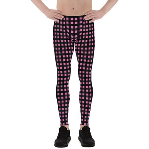 Light Pink Buffalo Plaid Meggings, Plaid Print Premium Men's Run Tights-Made in USA/EU-Men's Leggings-XS-Heidi Kimura Art LLC