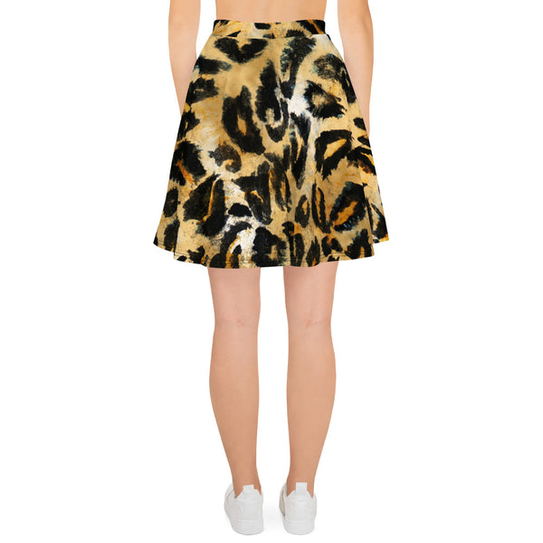 Leopard Print Women's Skater Skirt, Premium Animal Print High Waist Skirt- Made in USA/EU-Skater Skirt-Heidi Kimura Art LLC