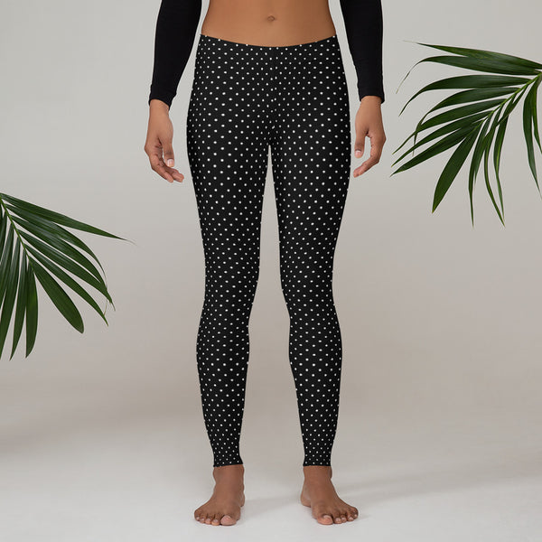 Black White Dots Women's Leggings, Casual Long Leggings-Made in USA/EU-Heidi Kimura Art LLC-Heidi Kimura Art LLC