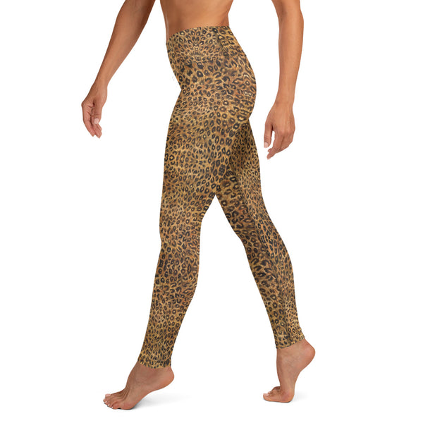 Leopard Women's Yoga Leggings, Brown Animal Print Long Tights-Made in USA/EU-Heidi Kimura Art LLC-Heidi Kimura Art LLC