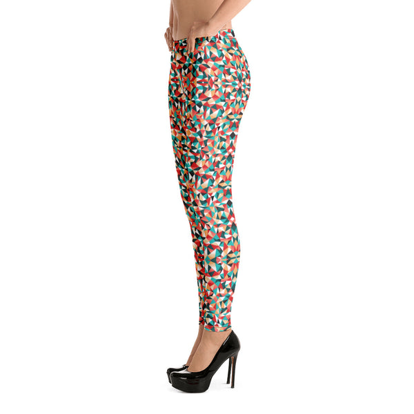 Red Geometric Casual Women's Leggings, Long Fancy Colorful Fashion Tights-Heidikimurart Limited -Heidi Kimura Art LLC