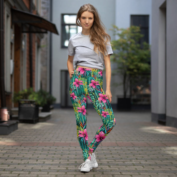 Green Floral Yoga Leggings, Tropical Leaf Print Women's Tights-Made in USA/EU-Heidi Kimura Art LLC-Heidi Kimura Art LLC