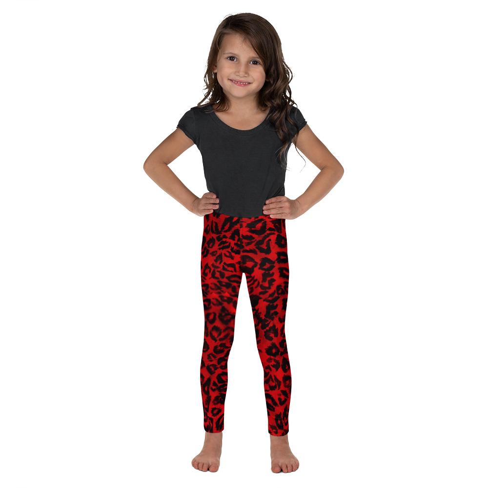 Red Leopard Animal Print Premium Quality Kid's Leggings Tight Pants- Made in USA/ EU-Kid's Leggings-2T-Heidi Kimura Art LLC