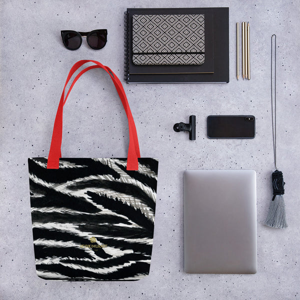 Fashionable Zebra Animal Print 15" x 15" Black White Designer Tote Bag - Made in USA/EU-Tote Bag-Heidi Kimura Art LLC