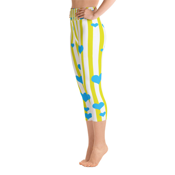 Yellow Striped Women's Yoga Capri Pants Leggings With Pockets - Made in USA-Capri Yoga Pants-Heidi Kimura Art LLC