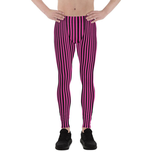 Hot Pink Black Stripe Print Premium Men's Circus Carnival Leggings Pants - Made in USA-Men's Leggings-XS-Heidi Kimura Art LLC