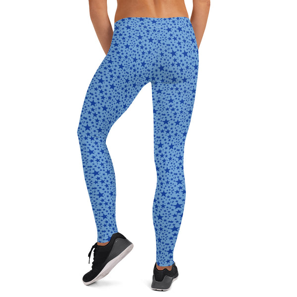 Light Blue Star Print Pattern Casual Fashion Women's Leggings Pants- Made in USA/EU-Casual Leggings-Heidi Kimura Art LLC