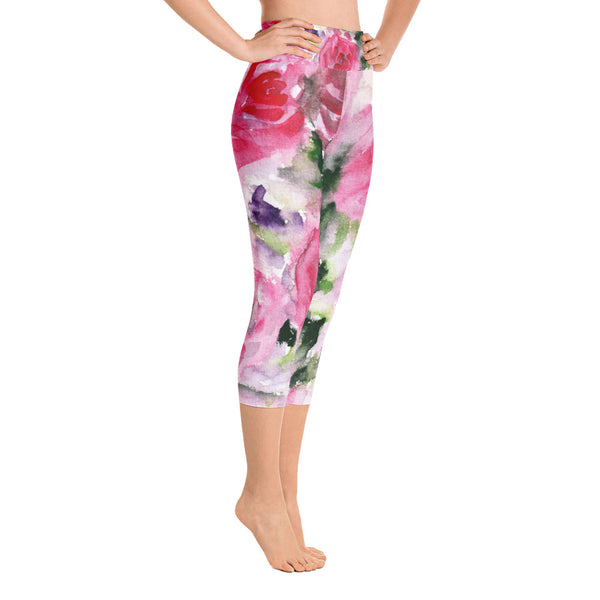 Pink Star Girlie Cute Yoga Capri Designer Leggings Yoga Pants - Made in USA-Capri Yoga Pants-Heidi Kimura Art LLC Pink Floral Women's Capri Leggings, Pink Star Girlie Cute Yoga Capri Designer Leggings Yoga Pants - Made in USA/EU (US Size: XS-XL)