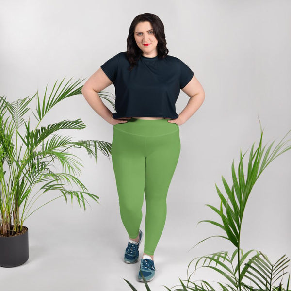 Leaf Green Solid Color Print Premium Best Women's Plus Size Leggings- Made in USA/EU-Women's Plus Size Leggings-Heidi Kimura Art LLC