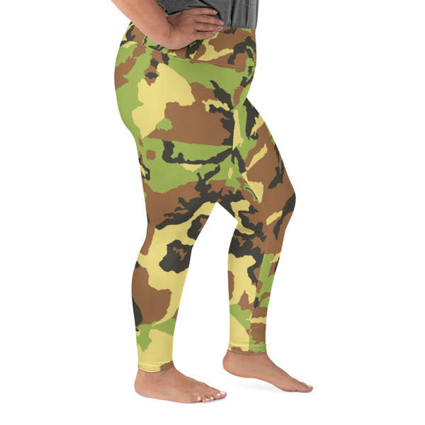 Green Camo Print Plus Size Leggings, Adventurer's Camouflage Army Tights- Made in USA/ EU-Women's Plus Size Leggings-Heidi Kimura Art LLC