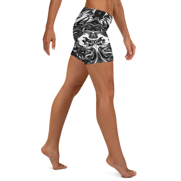 Black Marbled Shorts, Marble Print Short Tights-Made in USA/EU-Heidi Kimura Art LLC-Heidi Kimura Art LLC Black Marbled Shorts, Marble Print Printed Women's Elastic Stretchy Shorts Short Tights -Made in USA/EU (US Size: XS-3XL) Plus Size Available, Tight Pants, Pants and Tights, Womens Shorts, Short Yoga Pants