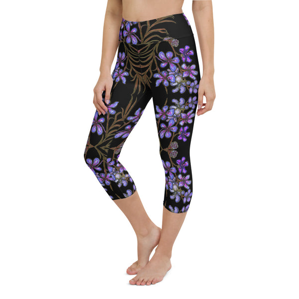 Violet Purple Yoga Capri Leggings, Orchids Floral Print Capris Tights-Made in USA/EU-Heidi Kimura Art LLC-Heidi Kimura Art LLC