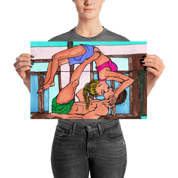 Harmonious Acro Yoga Fitness Couple Yoga Art Poster For Yoga Studio, Made in USA/ Europe-Art Print-12×18-Heidi Kimura Art LLC