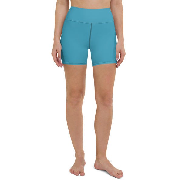 Blue Green Women's Yoga Shorts, Solid Color Elastic Tights-Made in USA/EU-Heidi Kimura Art LLC-Heidi Kimura Art LLC Peach Pink Women's Yoga Shorts, Pink Solid Color Premium Quality Women's High Waist Spandex Fitness Workout Yoga Shorts, Yoga Tights, Fashion Gym Quick Drying Short Pants With Pockets - Made in USA/EU (US Size: XS-XL)