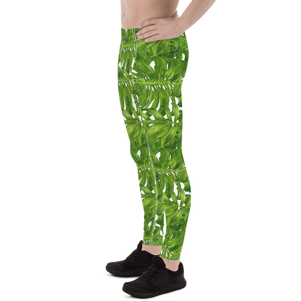 White Green Tropical Leaves Print Men's Leggings Tights Meggings- Made in USA/EU-Men's Leggings-Heidi Kimura Art LLC