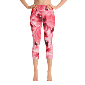 Passionate Red Rose Floral Print Capri Leggings Women's Yoga Pants - Made in USA-Capri Yoga Pants-XS-Heidi Kimura Art LLC