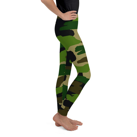 Girl Military Green Camouflage Active Wear Sports Gym Youth Leggings, Made in USA/EU-Youth's Leggings-Heidi Kimura Art LLC