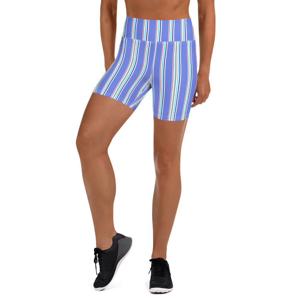 Blue Striped Yoga Shorts, Vertical Stripes Women's Tights-Made in USA/EU-Heidi Kimura Art LLC-XS-Heidi Kimura Art LLC Blue Striped Yoga Shorts, Vertical Stripes Modern Classic Premium Quality Women's High Waist Spandex Fitness Workout Yoga Shorts, Yoga Tights, Fashion Gym Quick Drying Short Pants With Pockets - Made in USA (US Size: XS-XL)