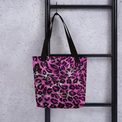 Pink Leopard Animal Print Designer 15" x 15" Square Market Tote Bag - Made in USA/EU-Tote Bag-Black-Heidi Kimura Art LLC