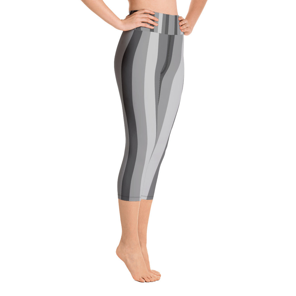 White Gray Vertical Striped Tights, Women's Yoga Capri Pants Leggings- Made  in USA/EU/MX