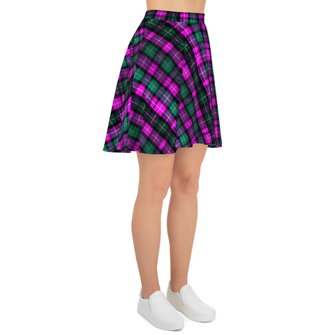 Pink Green Plaid Tartan Scottish Print High-Waisted Women's Skater Skirt-Made in USA/EU-Skater Skirt-Heidi Kimura Art LLC