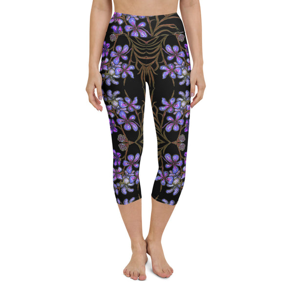 Violet Purple Yoga Capri Leggings, Orchids Floral Print Capris Tights-Made in USA/EU-Heidi Kimura Art LLC-XS-Heidi Kimura Art LLC