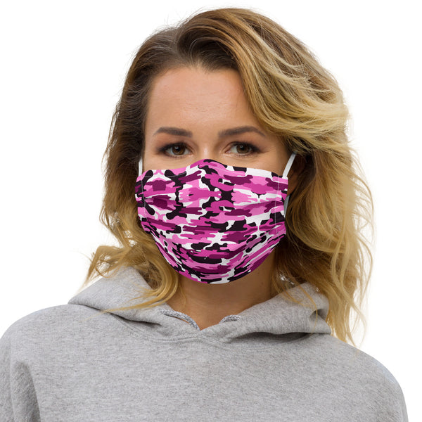 Pink Camo Premium Face Mask, Army Military Print Designer Non-Medical Face Covering-Heidikimurart Limited -White-Heidi Kimura Art LLC