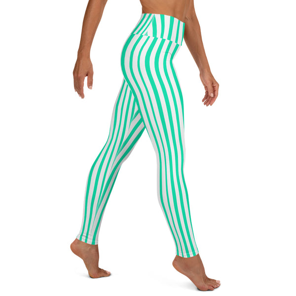 Blue Striped Yoga Leggings, Women's Yoga Pants- Made in USA/EU-Heidi Kimura Art LLC-Heidi Kimura Art LLC