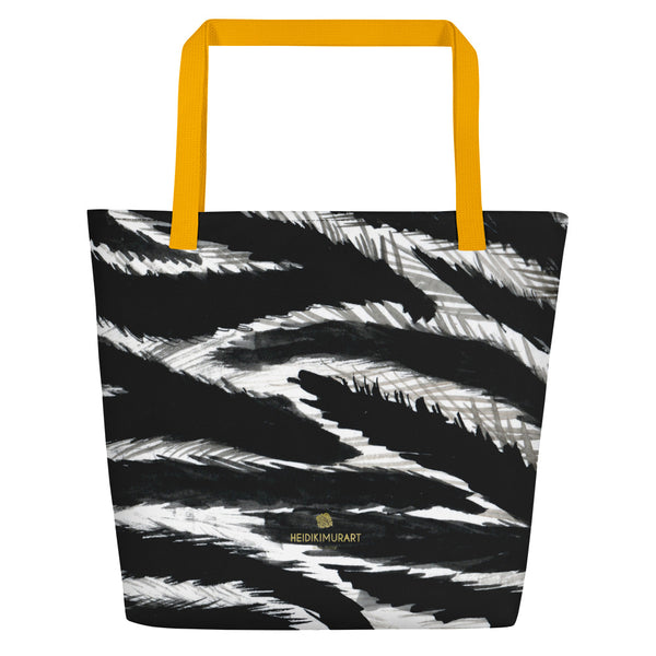 Chic Black White Zebra Animal Pattern Print Large Tote 16"x20" Beach Bag- Made in USA/EU-Beach Tote Bag-Yellow-Heidi Kimura Art LLC