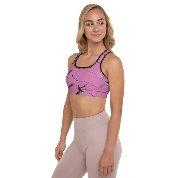 Pink Marble Print Premium Women's Padded Sports Gym Workout Bra- Made in USA/ EU-Sports Bras-Heidi Kimura Art LLC