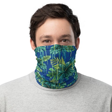 Blue Tropical Leaf Face Mask, Reusable Washable Bandanna Neck Gaiter-Heidi Kimura Art LLC-Heidi Kimura Art LLC