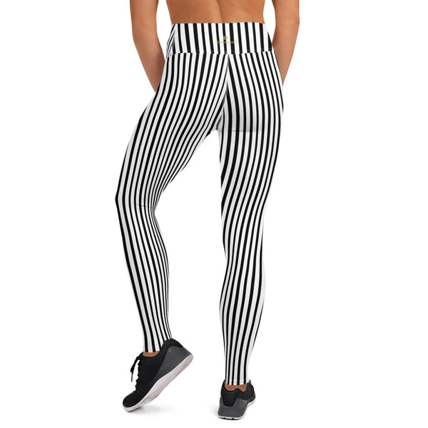 Black White Vertical Stripes Women's Long Stretchy Yoga Leggings Pants- Made in USA/EU-Leggings-Heidi Kimura Art LLC Black Vertical Stripes Women's Leggings, Black White Vertical Stripes Print Premium Women's Active Wear Fitted Leggings Sports Long Yoga & Barre Pants, Sportswear, Gym Clothes, Workout Pants - Made in USA/ EU (US Size: XS-XL)