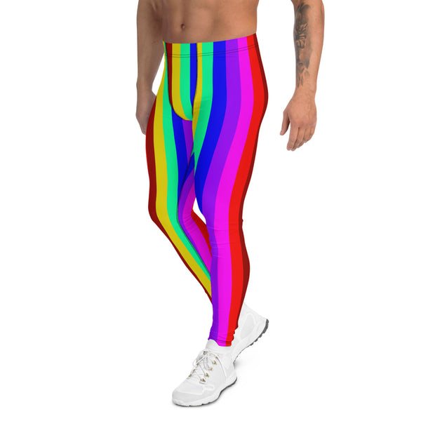 Gay Pride Men's Leggings, Colorful Rainbow Striped Meggings-Made in USA/EU-Heidi Kimura Art LLC-Heidi Kimura Art LLC Gay Pride Men's Leggings, LGBTQ Colorful Rainbow Striped Print Men's Leggings Tights Pants - Made in USA/EU (US Size: XS-3XL)Sexy Meggings Men's Workout Gym Tights Leggings