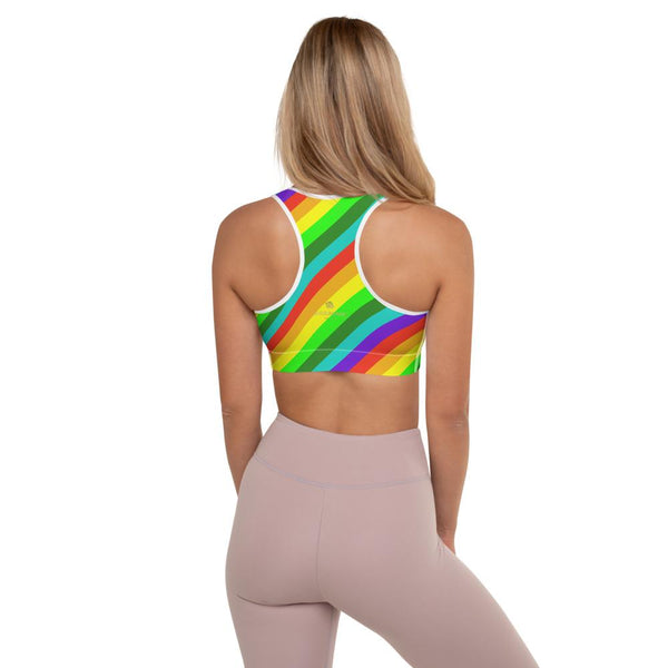 Bright Rainbow Stripe Diagonal Print Women's Padded Gym Sports Bra-Made in USA/EU-Sports Bras-Heidi Kimura Art LLC