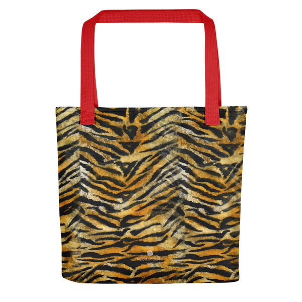 Tiger Stripe Print Tote Bag, Animal Print Pattern 15" x 15" Market Tote Bag - Made in USA/EU-Tote Bag-Red-Heidi Kimura Art LLC