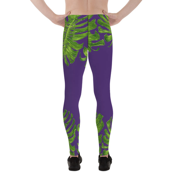 Purple Green Tropical Leaf Print Men's Leggings Tight Pants -Made in USA(US Size: XS-3XL)-Men's Leggings-Heidi Kimura Art LLC