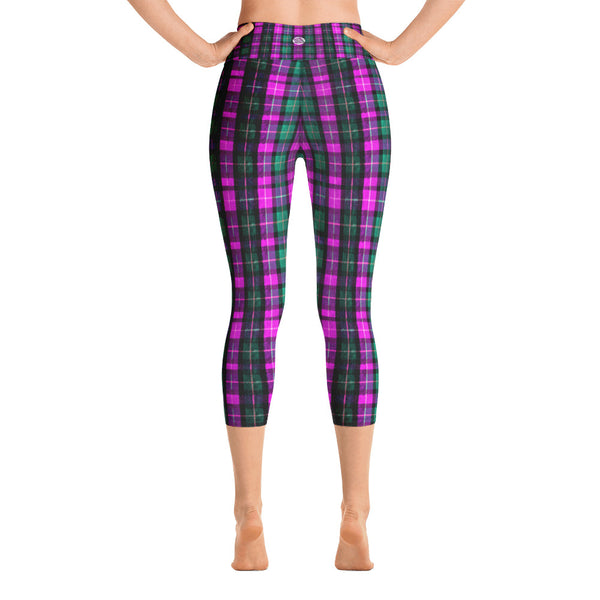 Pink Green Plaid Women's Yoga Capri Pants Leggings w/ Pockets- Made In USA-Capri Yoga Pants-Heidi Kimura Art LLC Pink Plaid Women's Capri Leggings, Pink Green Plaid Women's Cotton Yoga Capri Pants Leggings With Pockets Plus Size Available- Made In USA/ Europe (US Size: XS-XL)