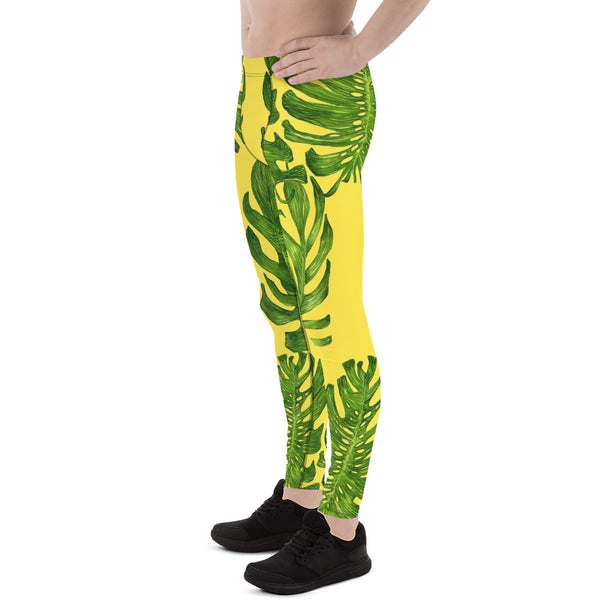 Bright Yellow Green Tropical Leaf Print Men's Leggings Compression Tights-Made in USA-Men's Leggings-Heidi Kimura Art LLC