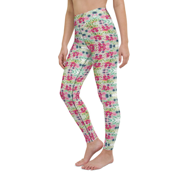 Pink Floral Yoga Leggings-Heidikimurart Limited -Heidi Kimura Art LLC Pink Floral Yoga Leggings, Pink Flower Rose Print Modern Women's Gym Workout Active Wear Fitted Leggings Sports Long Yoga & Barre Pants - Made in USA/EU/MX (US Size: XS-6XL)