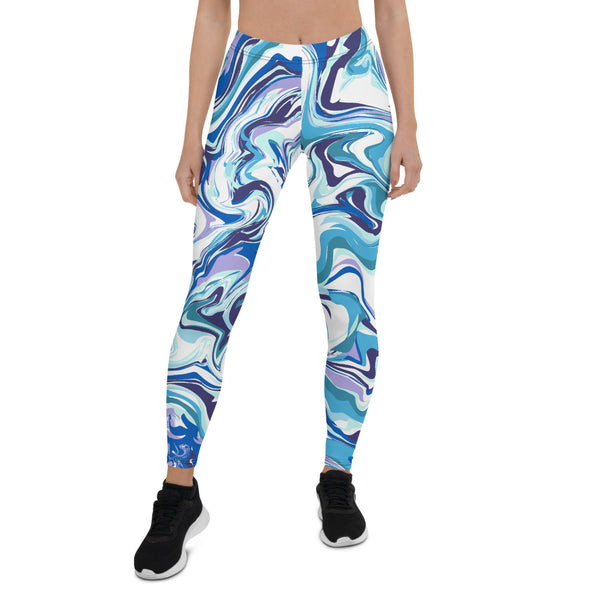 Blue Swirl Women's Casual Leggings, Abstract Print Ladies Tights-Made in USA/EU-Heidi Kimura Art LLC-Heidi Kimura Art LLC