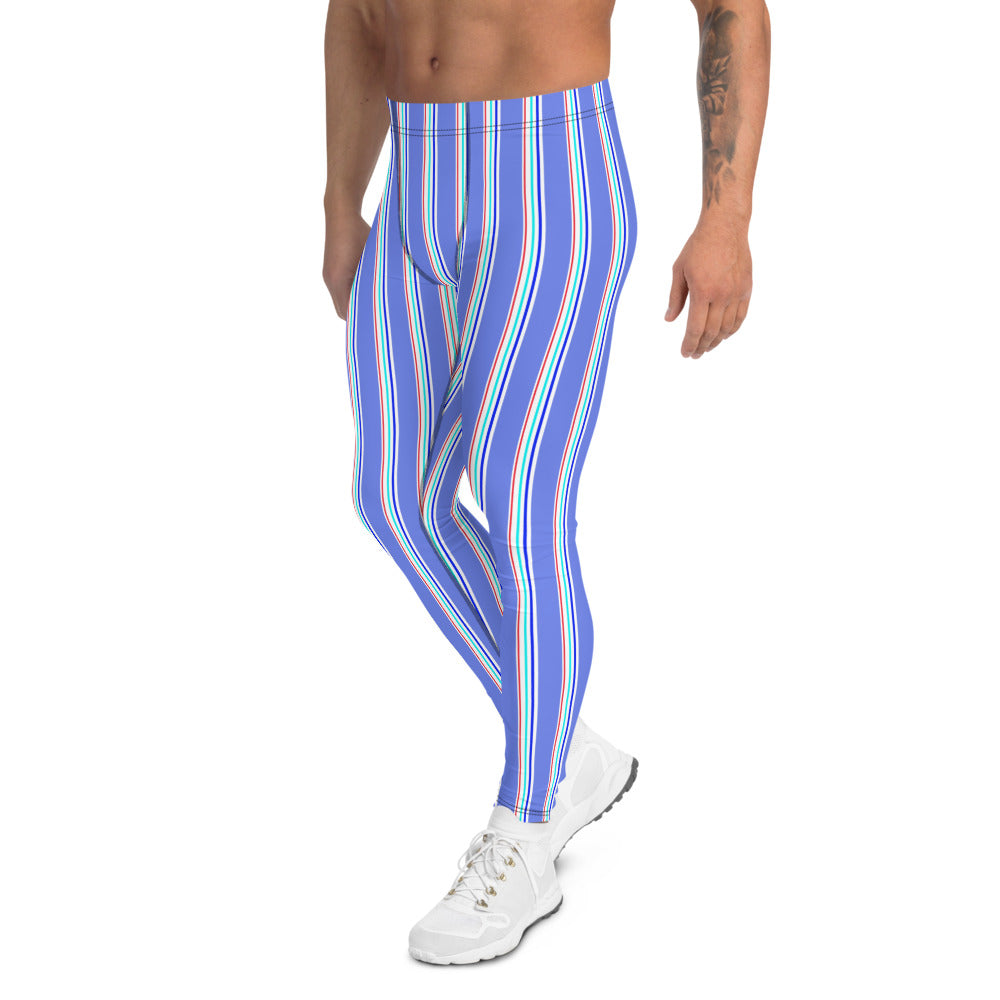 Blue Red Striped Men's Leggings, Modern Vertical Stripe Print