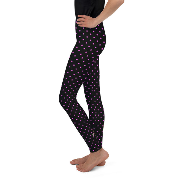 Pink Polka Dots Youth Leggings, Dotted Workout Tights-Made in USA/EU-Heidi Kimura Art LLC-Heidi Kimura Art LLC Pink Polka Dots Youth Leggings, Dotted Workout Exercise Tights, Premium Quality Designer Unisex/ Girl Bottoms Winter Essentials Sports Gym 38-40 UPF Youth Leggings, Made in USA/ MX/ EU, Youth Leggings,  Girl or Boy Leggings, Leggings With Dots, Yoga Pants/ Tights (US Size: 8-20)