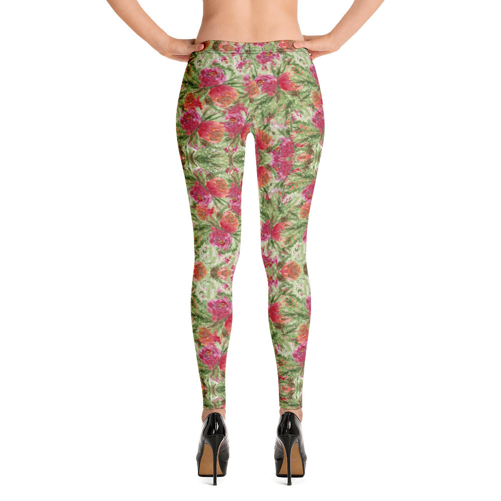 Flower Print Women's Causal Leggings-Heidikimurart Limited -XS-Heidi Kimura Art LLC Flower Print Women's Casual Leggings, Rose Pink Green Floral Long Tights, Women's Long Dressy Casual Fashion Leggings/ Running Tights - Made in USA/ EU/ MX (US Size: XS-XL)
