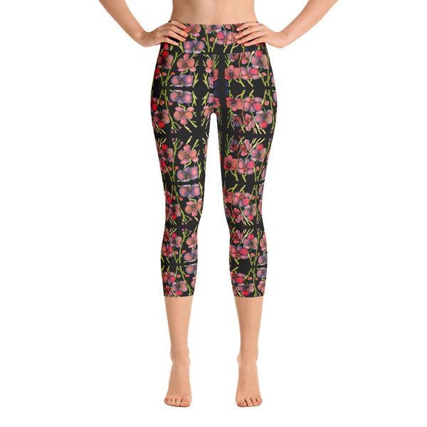 Pink Orchids Yoga Capri Leggings, Floral Print Women's Yoga Capri Leggings Pants High Performance Tights- Made in USA/EU (US Size: XS-XL)