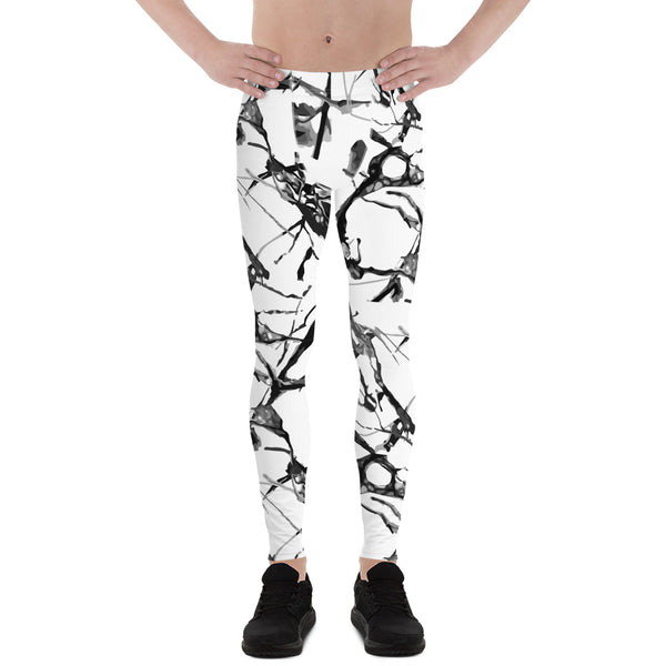 White Marble Abstract Print Meggings, Designer Men's Leggings Tight Pants - Made in USA/EU-Men's Leggings-XS-Heidi Kimura Art LLC