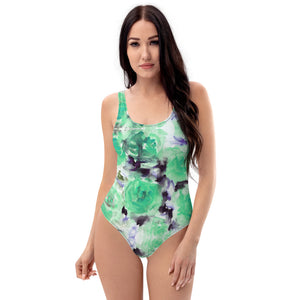 Turquoise Roses One-Piece Swimsuit, Floral Print Women's Swimwear-Made in USA/EU-Heidi Kimura Art LLC-XS-Heidi Kimura Art LLC Turquoise Roses One-Piece Swimsuit, Abstract Floral Print Luxury 1-Piece Unpadded Swimwear Bathing Suits, Beach Wear - Made in USA/EU/MX (US Size: XS-3XL) Plus Size Available